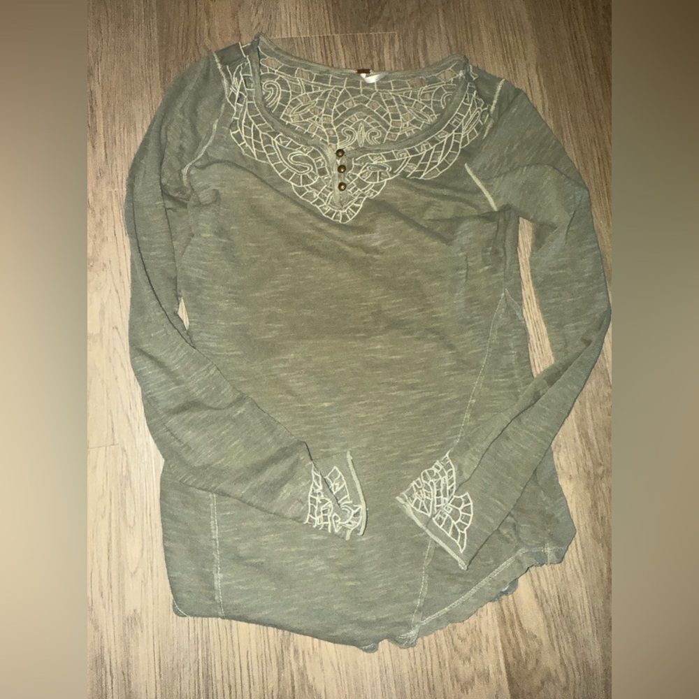 Free People Sage Green Lace Accent Long Sleeve Top